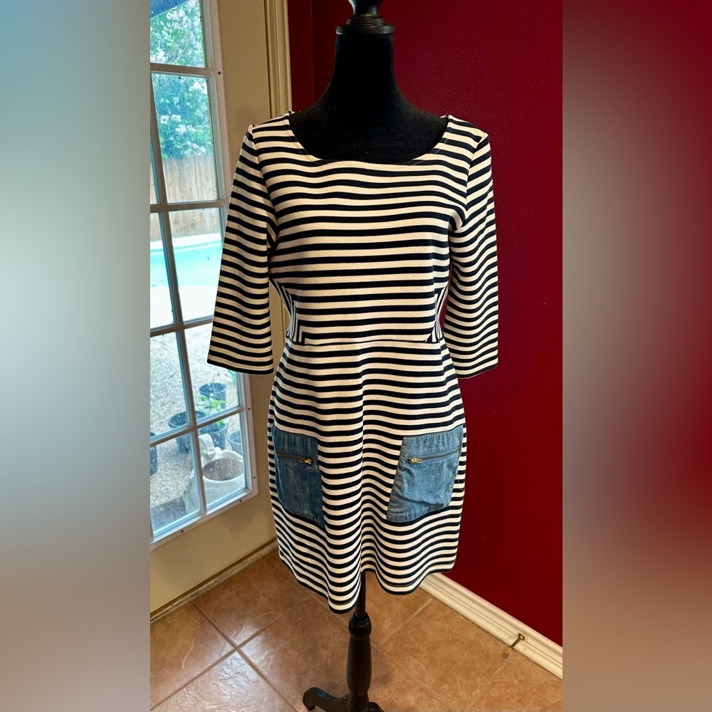 Tabitha Anthropologie Striped Knit Dress Size 10 Black White Denim Pocket